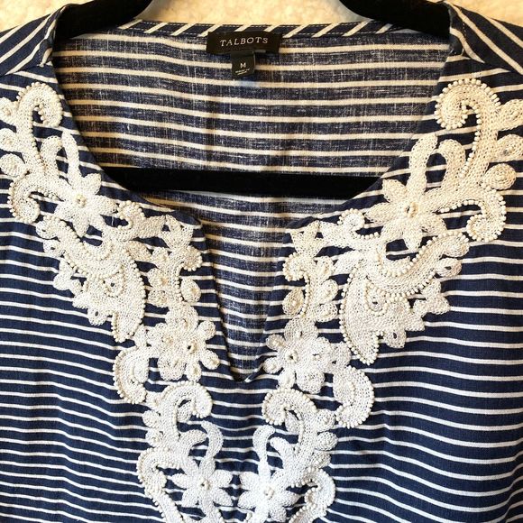 Talbots‎ Womens Blue White Stripe Embellished Beads Linen 3/4 Sleeve Top Size M - Picture 3 of 9